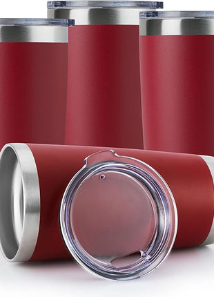 DOMICARE 20oz Stainless Steel Tumbler Bulk with Lid, Double Wall Vacuum Insulated Travel Mug, Powder Coated Coffee Cup (Powder Red, 4)