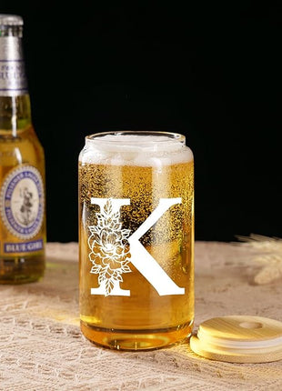 Coolife Initial Glass Cup, Monogrammed Gifts for Women, 16 oz Glass Cups w/Lids Straws, Iced Coffee Smoothie Beer Tumbler w/Straw Lid - Personalized Christmas, Birthday Gifts for Her Mom Friend Woman