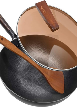 Carbon Steel Wok Pan with Lid & Wood Spatula, 12.5" Cast Iron Stir Fry Pan with Flat Bottom and Wooden Handle for Electric, Induction and Gas Stoves