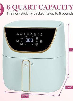 Paris Hilton Air Fryer, Large 6-Quart Capacity, Nonstick Made without PFAS, Touchscreen Display, 8-in-1 (Air Fry, Roast, Broil, Bake, Reheat, Keep Warm, Pizza, Dehydrate), Dishwasher Safe, Aqua