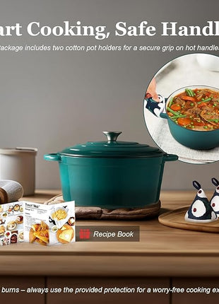 Overmont Enameled Cast Iron Dutch Oven - 5.5QT Pot with Lid Cookbook & Cotton Potholders - Heavy-Duty Cookware for Braising, Stews, Roasting, Bread Baking bottle green