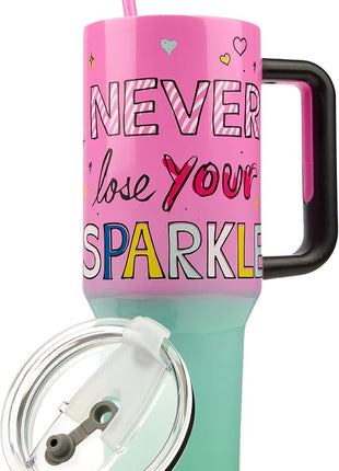 Bioworld Hello Kitty “Never Lose Your Spark” Vacuum Insulated 40 Oz. Pink & Green Ombre Stainless Steel Tumbler with Leak-Proof Lid & Easy Carry Handle for Travel or Home