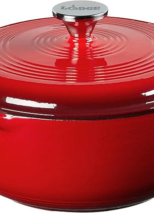 Lodge 4.5 Quart Enameled Cast Iron Dutch Oven with Lid – Dual Handles – Oven Safe up to 500° F or on Stovetop - Use to Marinate, Cook, Bake, Refrigerate and Serve – Island Spice Red