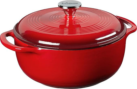 Lodge 4.5 Quart Enameled Cast Iron Dutch Oven with Lid – Dual Handles – Oven Safe up to 500° F or on Stovetop - Use to Marinate, Cook, Bake, Refrigerate and Serve – Island Spice Red