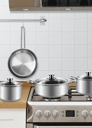 Stainless Steel Pots and Pans Set, 7-Piece Kitchen Cookware Sets with Glass Lids, Stay-Cool Handle, Oven Safe, Works with Induction/Electric and Gas Cooktops, Dishwasher