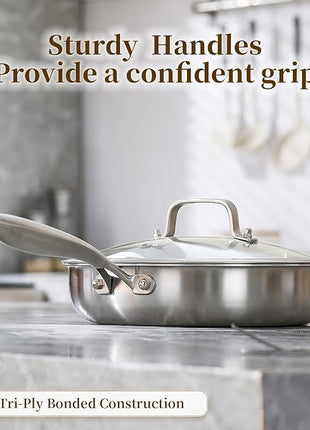 DELARLO Tri-ply Stainless Steel Frying Pan Set with Lid 10" 12" Induction large Skillets Chef's Pan,Pots and Pans Set Kitchen Cookware Set Suitable for All Stove