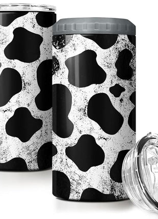 SANDJEST Cow Tumbler Cowhide Doodle 4 in 1 12oz Tumbler Can Cooler Coozie Skinny Stainless Steel Tumbler Gift for Women Girl Daughter Sister Animal Lovers Farm Girl Christmas Birthday