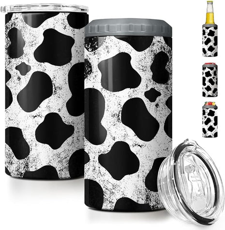 SANDJEST Cow Tumbler Cowhide Doodle 4 in 1 12oz Tumbler Can Cooler Coozie Skinny Stainless Steel Tumbler Gift for Women Girl Daughter Sister Animal Lovers Farm Girl Christmas Birthday