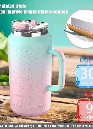 Hydraful 64 oz Tumbler with Handle and Straw - 100% Leak-Proof - Insulated Cup Reusable Stainless Steel Large Water Bottle Travel Mug for Gym, Hiking, and Camping - Gifts for Women Men Him Her