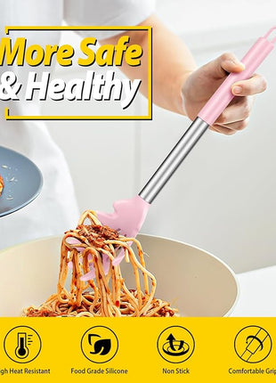 Silicone Pasta Fork and Ladle Spoon Set, Large Non Stick Kitchen Utensils for Cooking,Stirring,Serving Spaghetti, Soup, Sauce (PINK)