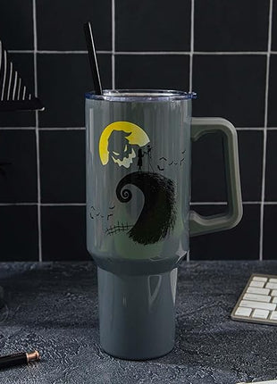 Silver Buffalo Disney Nightmare Before Christmas Featuring Oogie Boogie, Jack Skellington, and Sally Stainless Steel Tumbler with Handle and Straw, Fits in Standard Cup Holder, 40 Ounces