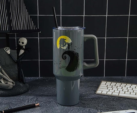 Silver Buffalo Disney Nightmare Before Christmas Featuring Oogie Boogie, Jack Skellington, and Sally Stainless Steel Tumbler with Handle and Straw, Fits in Standard Cup Holder, 40 Ounces