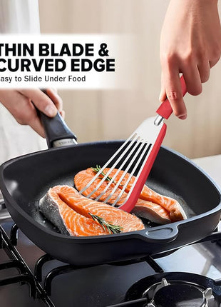 Silicone Fish Spatula Turner Set of 2, Thin Slotted Spatulas Turner for Nonstick Cookware,Heat Resistant Flexible Stainless Steel Kitchen Cooking Spatula Flipper for Fish, Egg, Pancake (RGN)