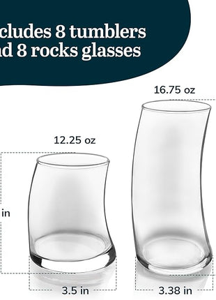 Libbey Swerve Drinking Glasses Set of 16, Dishwasher Safe, Chip Resistant Everyday Drinking Glasses, Fun and Edgy Set of Glasses for Special Events