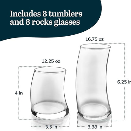 Libbey Swerve Drinking Glasses Set of 16, Dishwasher Safe, Chip Resistant Everyday Drinking Glasses, Fun and Edgy Set of Glasses for Special Events