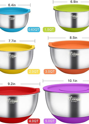 Wildone Mixing Bowls with Airtight Lids, 22 PCS Stainless Steel Mixing Bowls Set, 3 Grater Attachments, Measurement Marks & Non-Slip Bottom, Size 5, 4, 3, 2,1.5, 0.63QT, Ideal for Mixing & Prepping