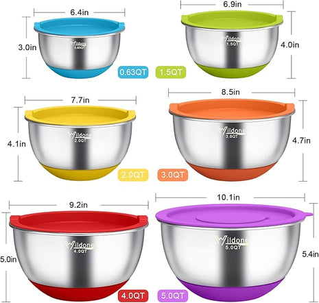 Wildone Mixing Bowls with Airtight Lids, 22 PCS Stainless Steel Mixing Bowls Set, 3 Grater Attachments, Measurement Marks & Non-Slip Bottom, Size 5, 4, 3, 2,1.5, 0.63QT, Ideal for Mixing & Prepping