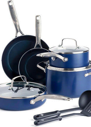 Blue Diamond 10 Piece Nonstick Cookware Set, Diamond Ceramic Pots & Pans, Dishwasher & Metal Utensil Safe, Non Toxic PFAS-Free, Kitchen Cooking Sauce & Saute Pans, Oven & Broiler to 600F, Blue