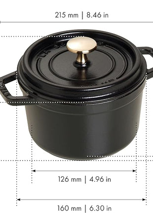 STAUB Cast Iron Dutch Oven 1.25-qt Round Cocotte, Made in France, Serves 1, Matte Black