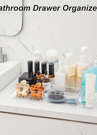 SMARTAKE 7-Piece Drawer Organizer with Non-Slip Silicone Pads, 4-Size Desk Drawer Organizer Trays Storage Tray for Makeup, Jewelries, Utensils in Bedroom Dresser, Office and Kitchen (Clear)