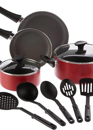 BELLA Cookware Set, 12 Piece Pots and Pans with Utensils, Nonstick PFOA Free Scratch Resistant Cooking Surface Compatible with All Stoves, Nylon and Aluminum, Red