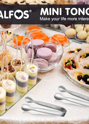 Walfos Mini Tongs for Serving Food, Small Stainless Steel Kitchen Tongs for Appetizers, Sugar, Desserts, Tea Party, Coffee Bar, Set of 12 (Silver)