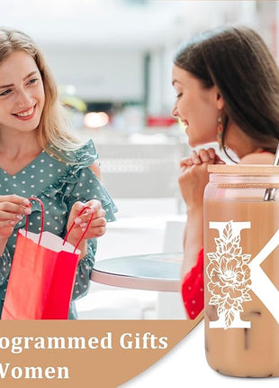 Coolife Initial Glass Cup, Monogrammed Gifts for Women, 16 oz Glass Cups w/Lids Straws, Iced Coffee Smoothie Beer Tumbler w/Straw Lid - Personalized Christmas, Birthday Gifts for Her Mom Friend Woman