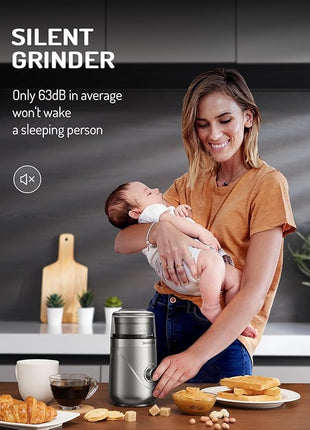 SHARDOR Electric Super Silent Blade Coffee Grinder, Timed Grind Control Rotary Knob, Adjustable Coarse to Fine for Coffee Beans, Spices & Herbs, with 2 Removable Stainless Steel Bowl, Silver