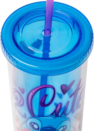 Silver Buffalo Disney Lilo and Stitch “2 Cute” Plastic Tall Cold Cup with Lid and Straw, 20 Ounces
