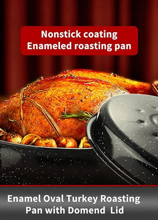 JY COOKMENT 19" Enameled Oval Roasting Pan with Domed Lid - Great for Roasting Turkey, Chicken, Lamb, Vegetables - Dishwasher Safe, Fits 20lb Turkey