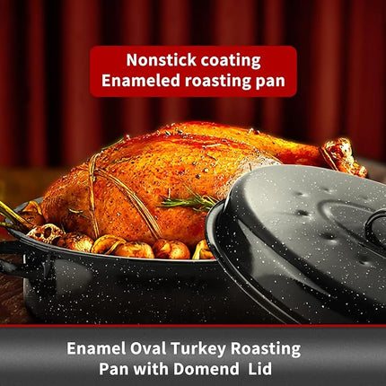 JY COOKMENT 19" Enameled Oval Roasting Pan with Domed Lid - Great for Roasting Turkey, Chicken, Lamb, Vegetables - Dishwasher Safe, Fits 20lb Turkey