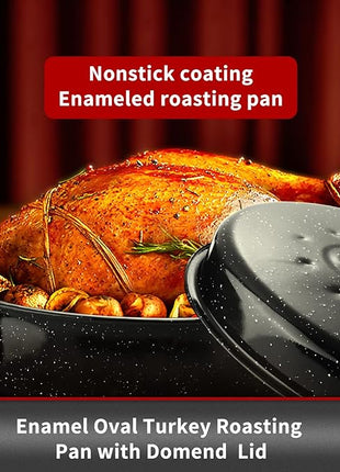 JY COOKMENT 15.7" Enameled Oval Roaster with Domed Lid - For Turkey, Chicken, Ham, Dishwasher Safe
