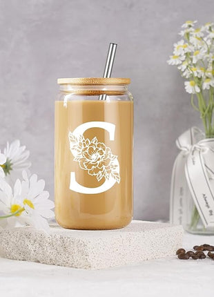 Coolife Initial Glass Cup, Monogrammed Gifts for Women, 16 oz Glass Cups w/Lids Straws, Iced Coffee Smoothie Beer Tumbler w/Straw Lid - Personalized Christmas, Birthday Gifts for Her Mom Friend Woman