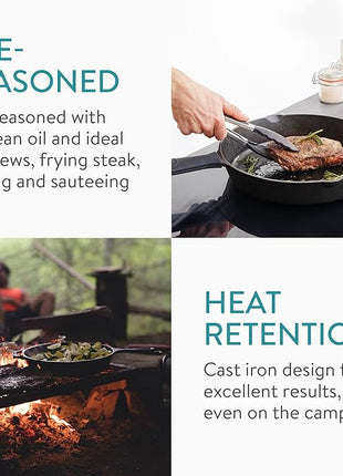 Navaris Cast Iron Skillet - 12 inch Cast Iron Pan - Seasoned Cookware for Frying, Cooking, Oven, Stove Top, Camping - Includes Silicone Handle Covers