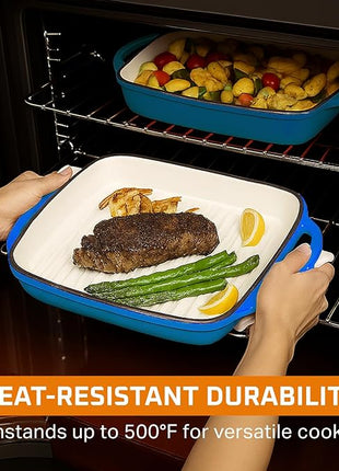 Bruntmor 11" Enameled Cast Iron Cookware - 2-in-1 Square Cast Iron Baking Dish with Lid for Baking, Braising and Roasting - Durable and Nonstick Skillet Dutch Oven with Dual Handles - Caribbean Blue