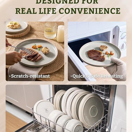 Famiware Meteor Stoneware Dinnerware Sets with Pasta Bowls, Service for 4 (16 Pieces), Plates and Bowls Sets, Microwave and Dishwasher Safe Dishes Set, Matcha Green