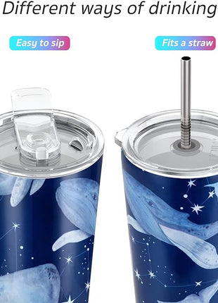 THILY Stainless Steel Vacuum Insulated Tumbler 26 oz Triple-Insulated Travel Mug with Splash-Proof Lid, Reusable, for Iced Water and Hot Beverage, Fantasy Whale