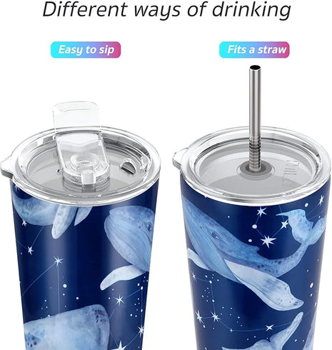 THILY Stainless Steel Vacuum Insulated Tumbler 26 oz Triple-Insulated Travel Mug with Splash-Proof Lid, Reusable, for Iced Water and Hot Beverage, Fantasy Whale