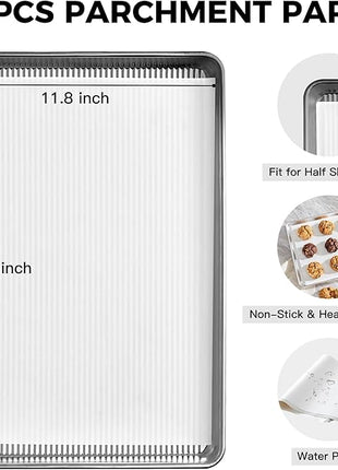 HONGBAKE Aluminum Cookie Sheets for Baking, 2-Pack Commercial Quality Half Sheet Pan, Baking Sheets Non Stick with 50 PCS Parchment Paper, 12.8 x 17.7 in, Silver