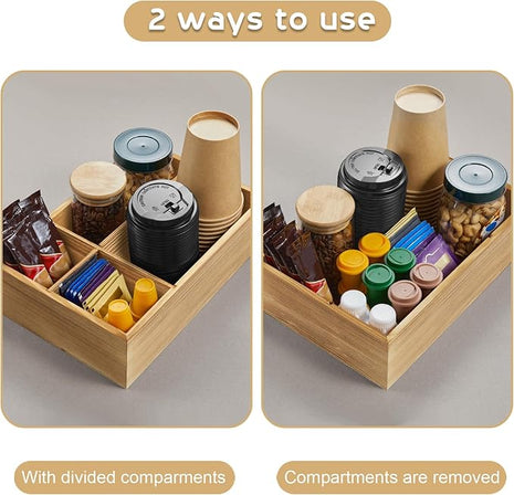 ALELION ALEION Brown Coffee Station Organizer - Wood Coffee Bar Accessories Organizer with Removable Dividers for Pods Condiment Syrup Tea Cups Stirrers - for Farmhouse Coutertop Decor