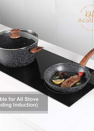 Kitchen Academy Induction Cookware Sets - 12 Piece Cooking Pan Set, Granite Black Nonstick Pots and Pans Set