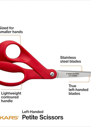 Fiskars Petite Left Handed Scissors, Crafting and Sewing Stainless Steel Scissors for Smaller Hands, Ergonomic Handle, Paper and Fabric Supplies for Office, Arts, and Crafts, Red