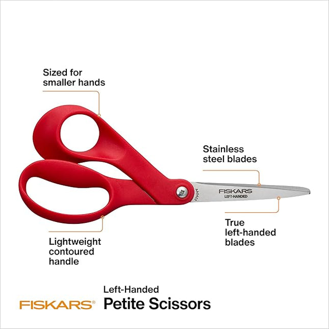 Fiskars Petite Left Handed Scissors, Crafting and Sewing Stainless Steel Scissors for Smaller Hands, Ergonomic Handle, Paper and Fabric Supplies for Office, Arts, and Crafts, Red