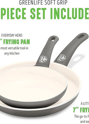 GreenLife Non Stick Fry Pan Set (7" & 10"), Non-Toxic PFAS-Free Ceramic Skillets, Dishwasher & Oven Safe, Egg Omelet Frying Pans, Stay- Cool Handles, Kitchen Home Cooking Essentials, Gray