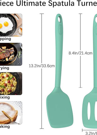 Coukre 2 Pack Silicone Spatula Set, High Heat Resistant, BPA Free Kitchen Spatula, Solid & Slotted Turner for Non-Stick Pans, Sautéing, and Flipping (2, PureAquaGreen)