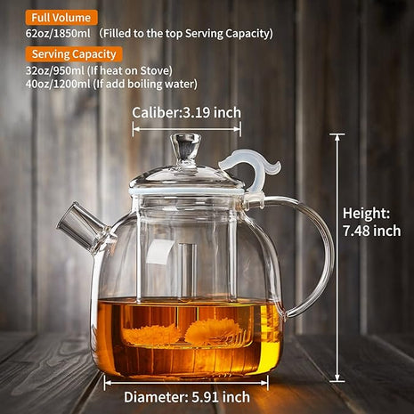 68OZ Glass Teapot, Large Glass Tea Pot With Infuser, Kettle For Stove Top, Tea Cup With Infuser For Loose Leaf Tea Steeper 2000ML, Dishwasher Safe