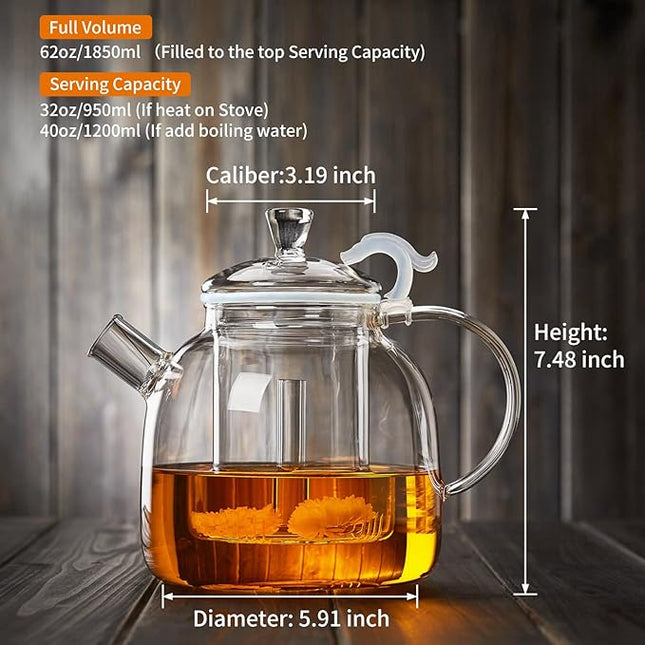 68OZ Glass Teapot, Large Glass Tea Pot With Infuser, Kettle For Stove Top, Tea Cup With Infuser For Loose Leaf Tea Steeper 2000ML, Dishwasher Safe