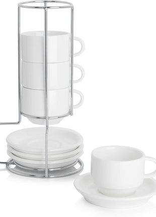 Sweese 2.5 Ounce Porcelain Stackable Espresso Cups with Saucers and Metal Stand Set of 4, White