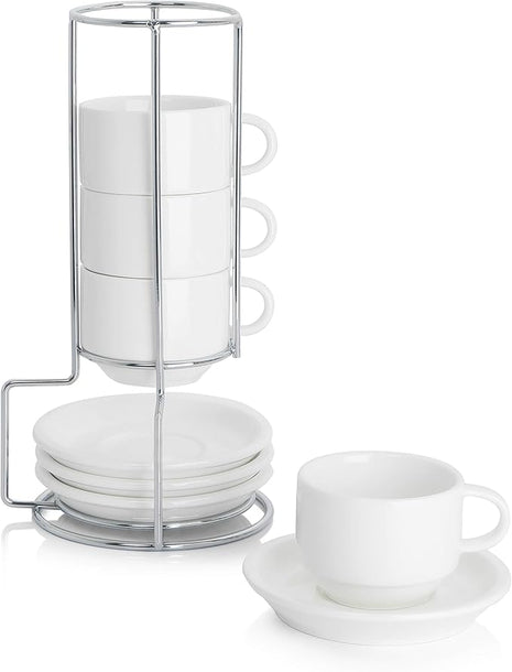 Sweese 2.5 Ounce Porcelain Stackable Espresso Cups with Saucers and Metal Stand Set of 4, White