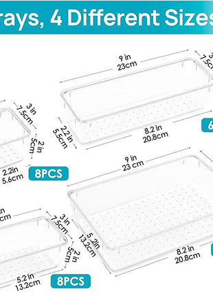 Vtopmart 25 PCS Clear Plastic Drawer Organizers Set, 4-Size Versatile Bathroom and Vanity Drawer Organizer Trays, Storage Bins for Makeup, Bedroom, Kitchen Gadgets Utensils and Office